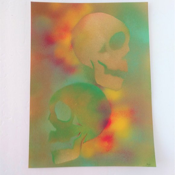 Hand Crafted Rainbow Colors Skull Painting Abstract Art 15x11 - Picture 4 of 14
